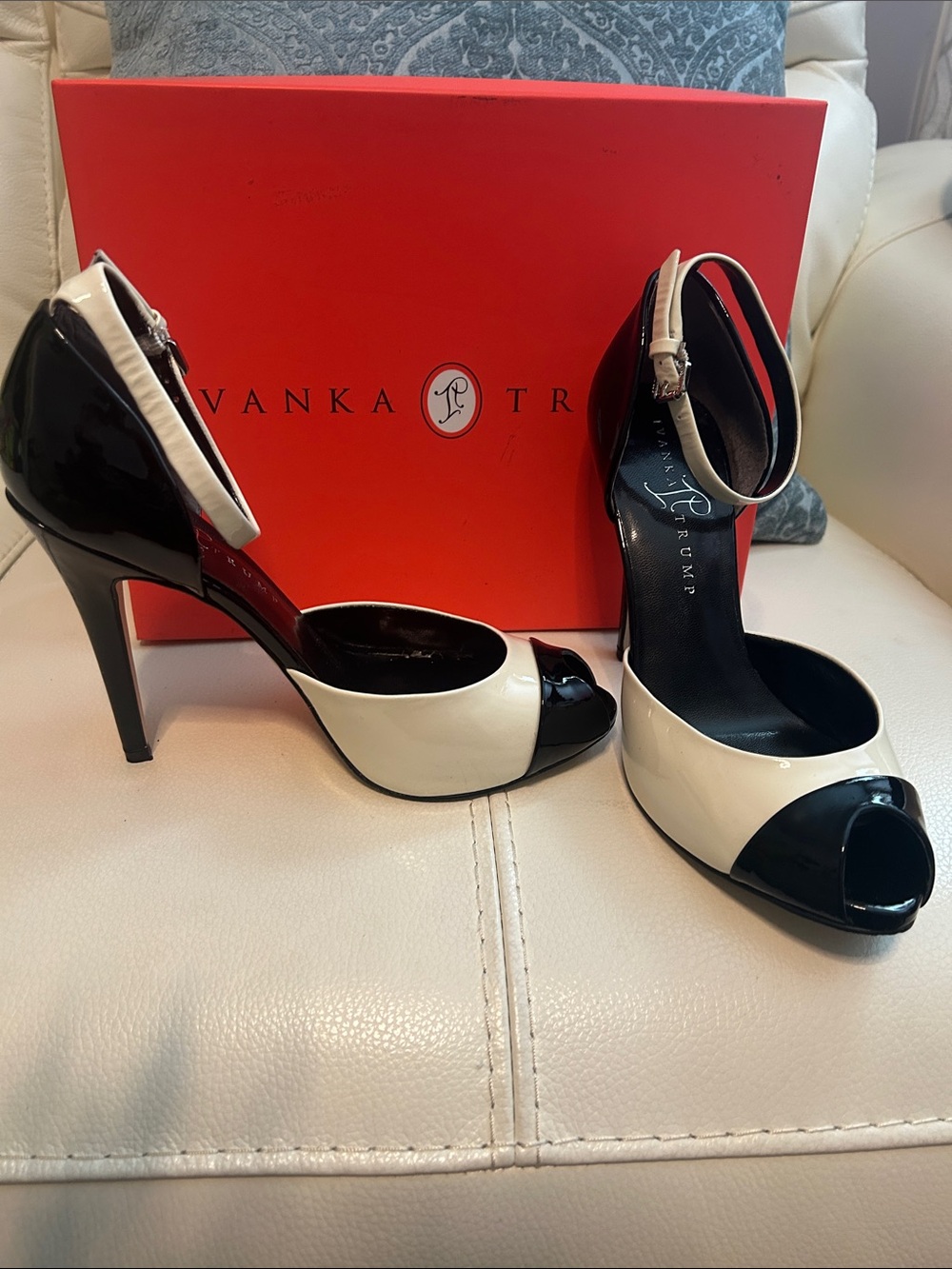 Ivanka Trump Black and Cream Two-Tone Peep-Toe Ankle Strap Heels